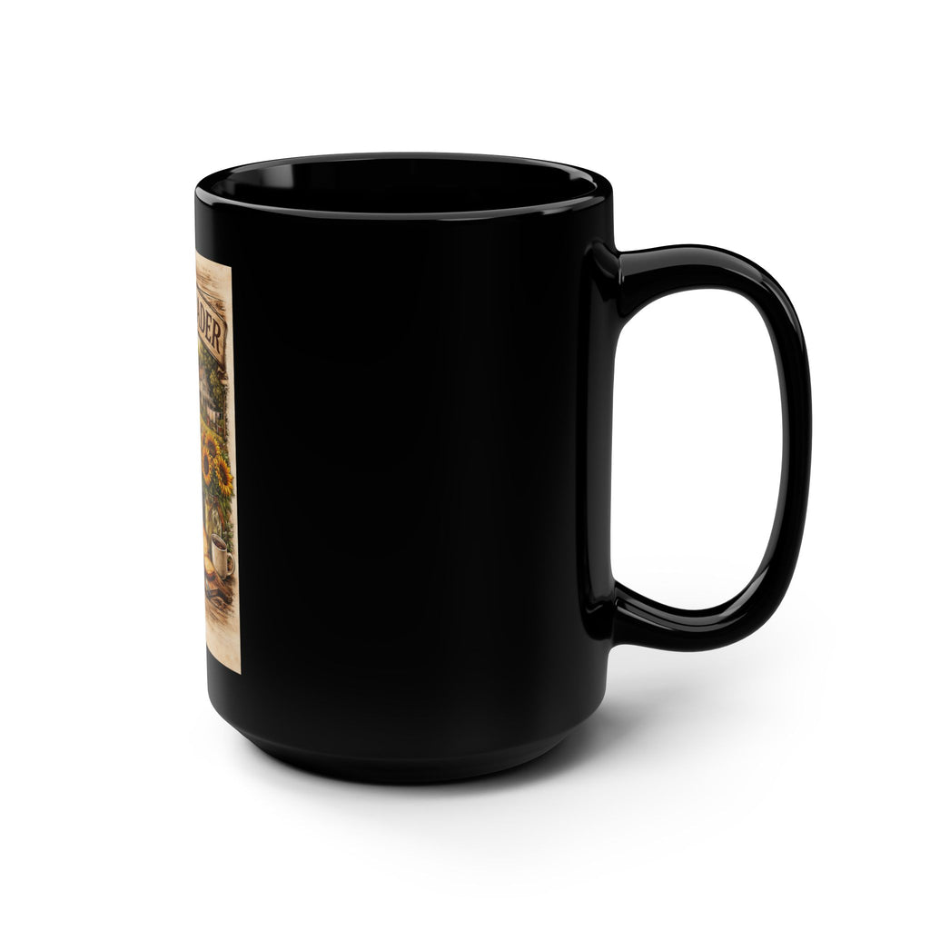 Homesteader Farmhouse Black Coffee Mug — 15oz Rustic Sunflower & Harvest Design