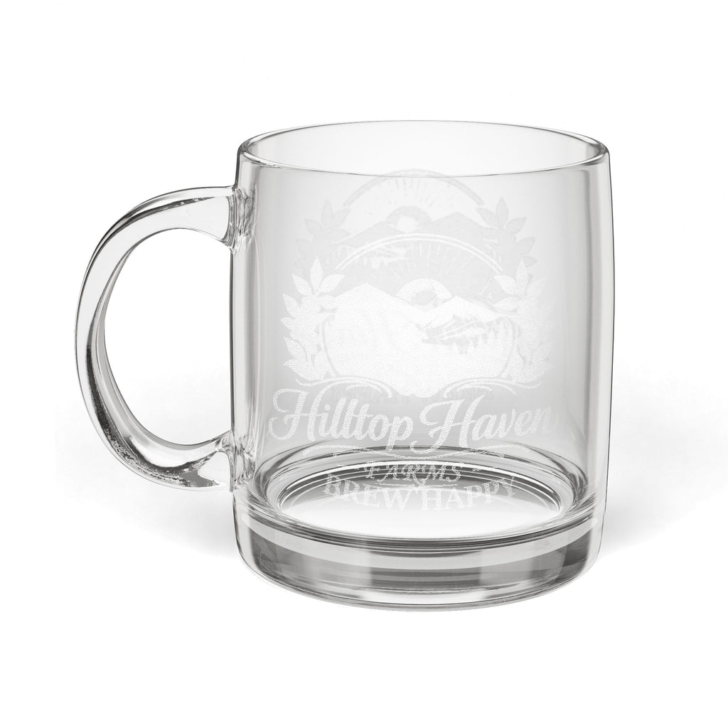 Engraved Glass Coffee Mug — 12.25 oz Clear Coffee Cup with Scenic Hilltop Haven Design