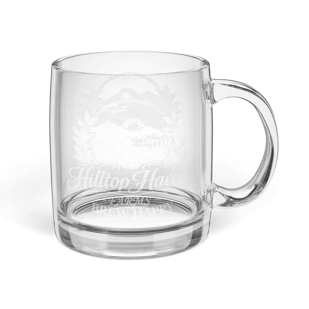 Engraved Glass Coffee Mug — 12.25 oz Clear Coffee Cup with Scenic Hilltop Haven Design