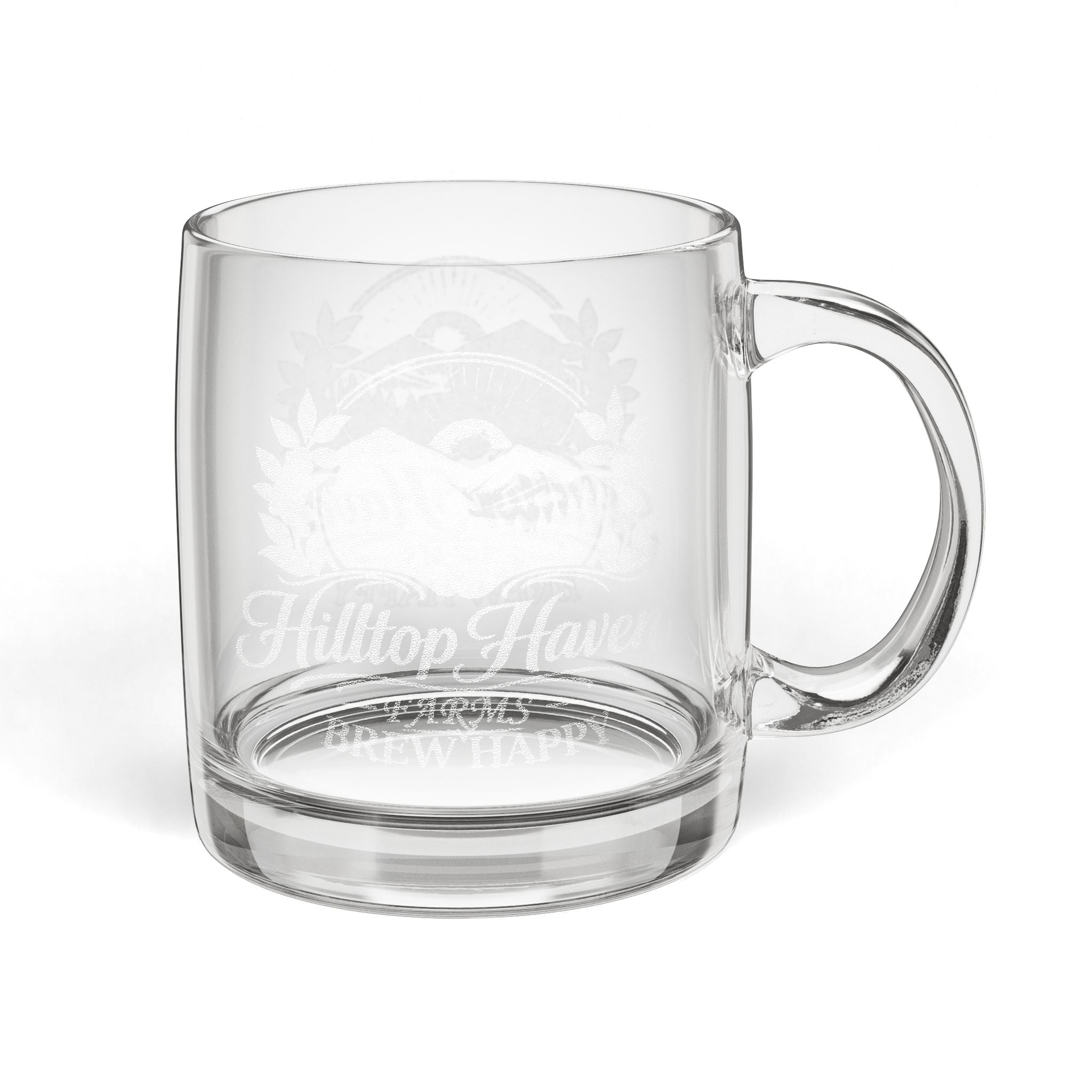 Engraved Glass Coffee Mug — 12.25 oz Clear Coffee Cup with Scenic Hilltop Haven Design