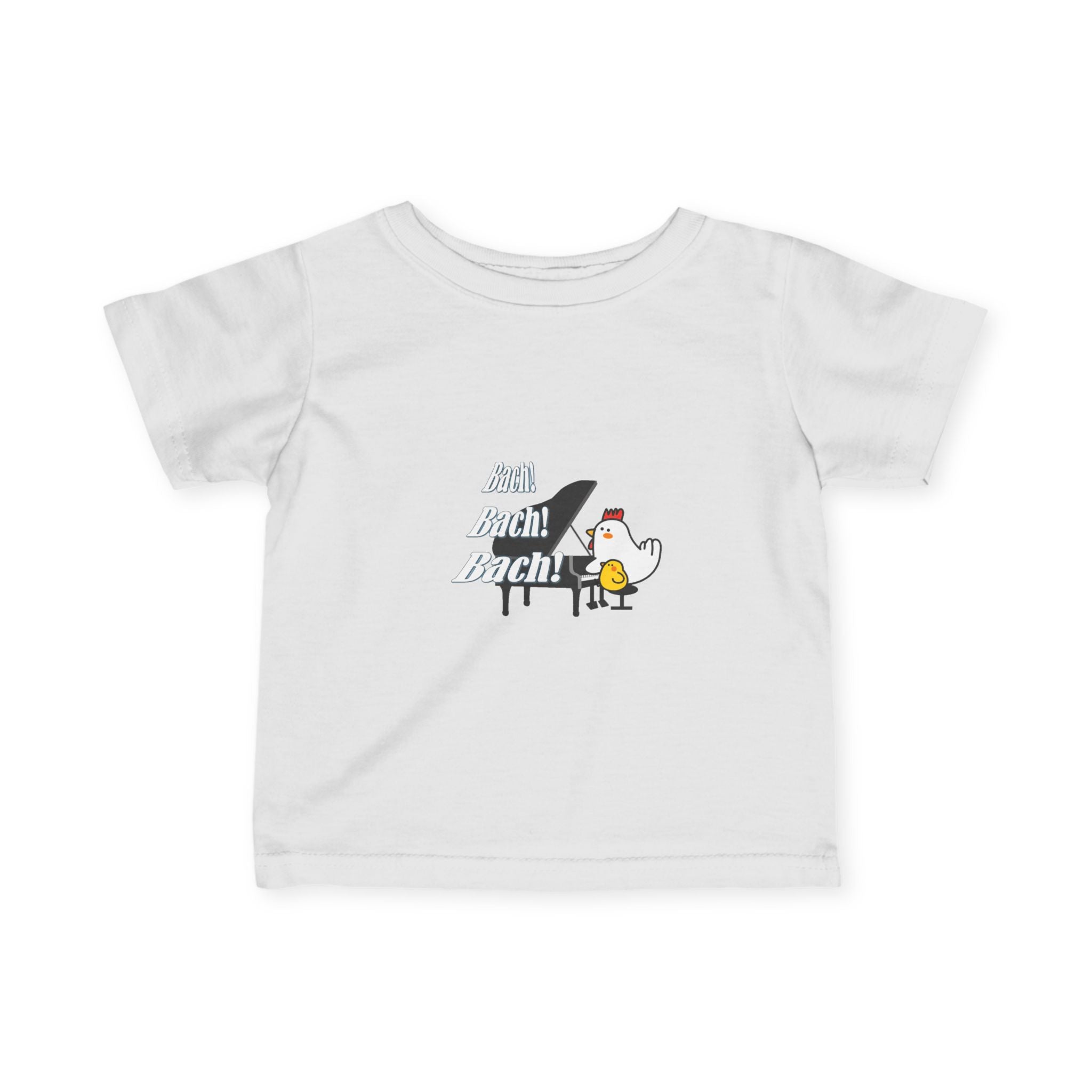 Infant Tee — Cute Chick at Piano “Bach, Bach, Bach!” Baby T-Shirt