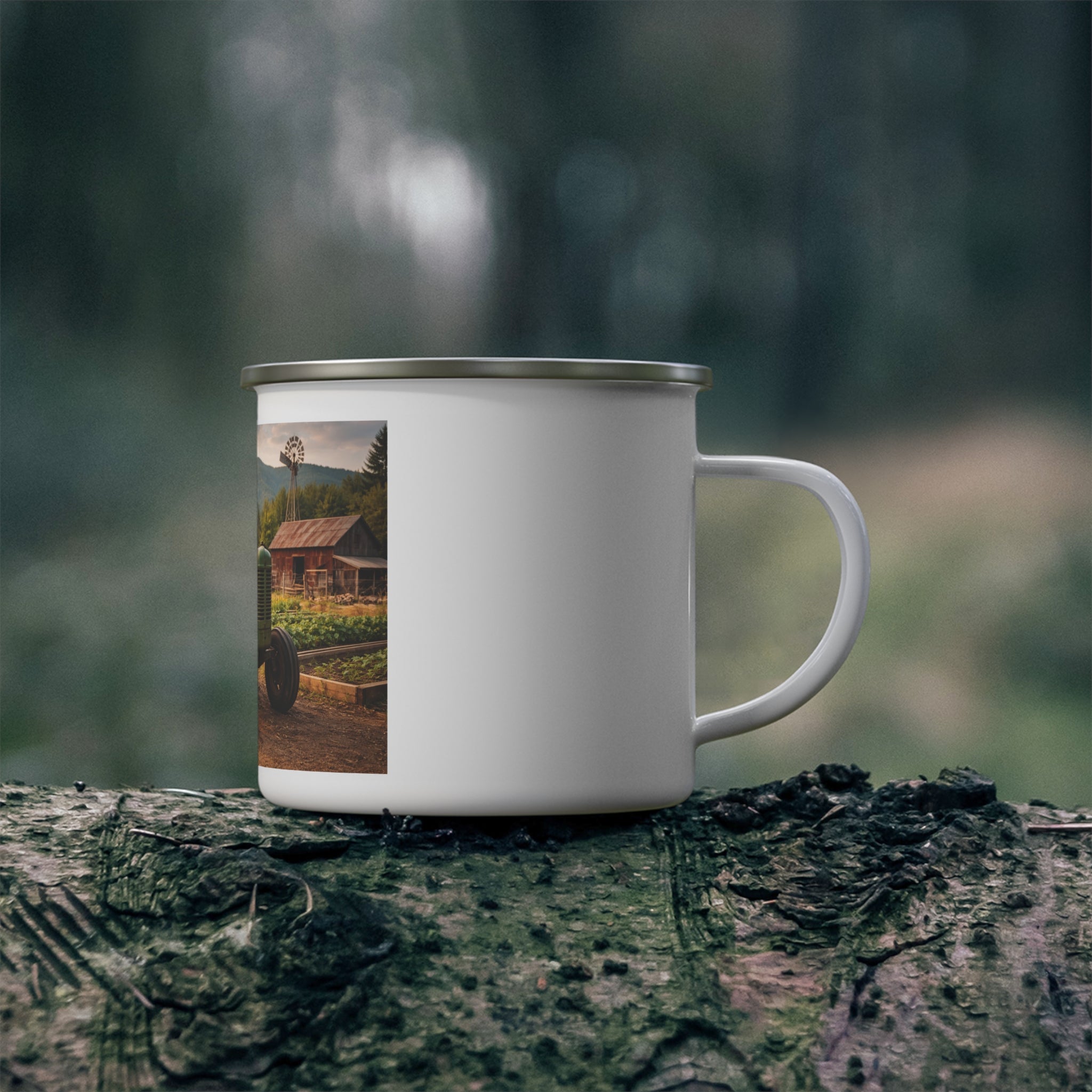 Rustic Tractor Enamel Camping Mug — Vintage Farmhouse Coffee Cup