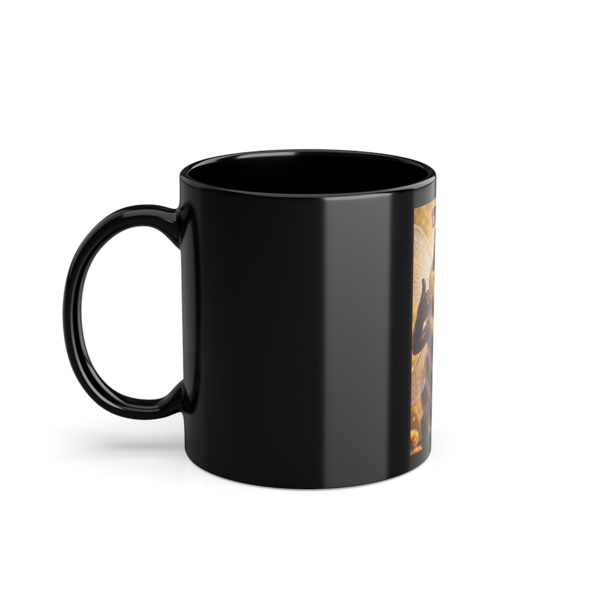 Drone Bee Black Coffee Mug — Cute Cartoon Bee Graphic 11oz