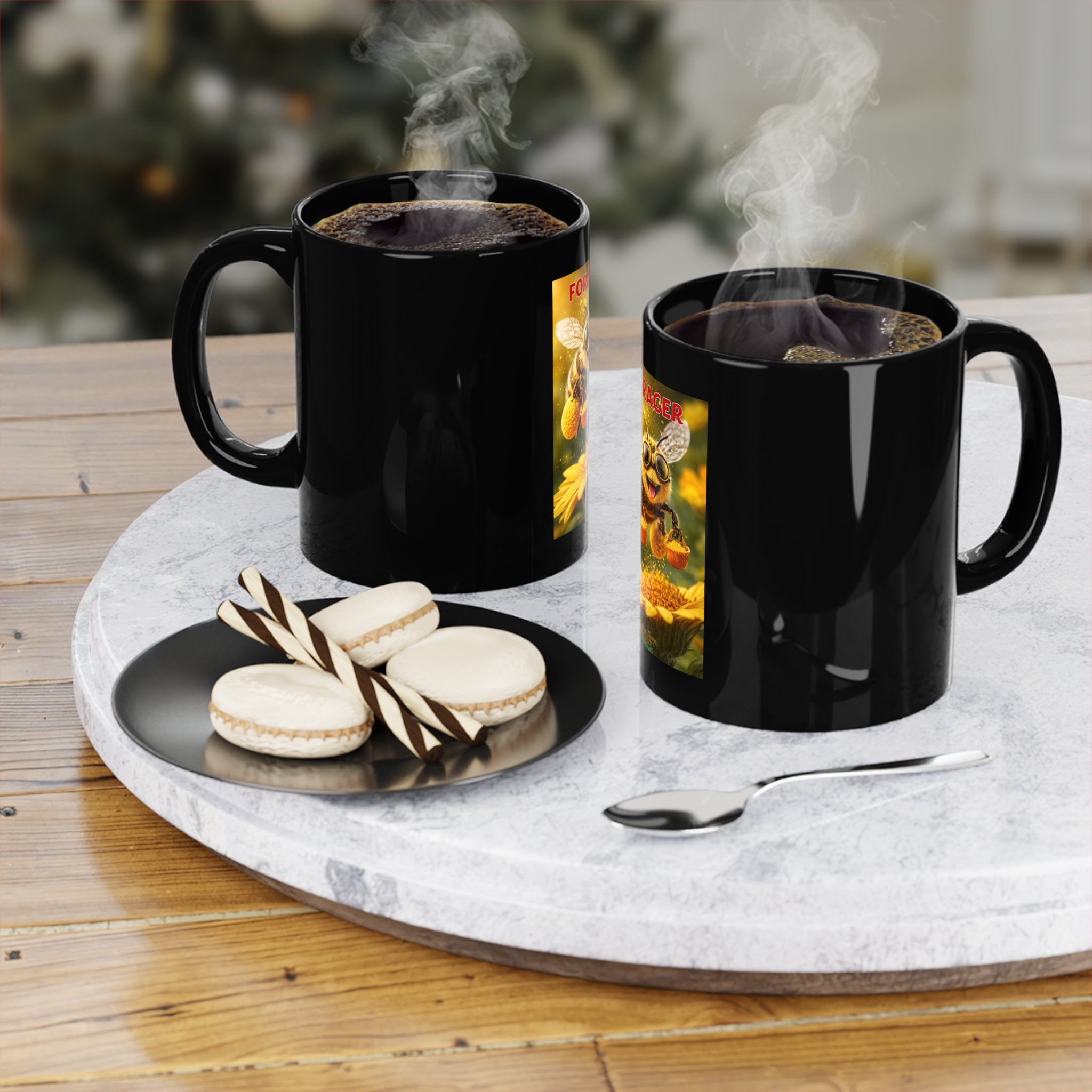 Forager Bee Black Coffee Mug – Cute Bee with Pollen Basket, 11oz