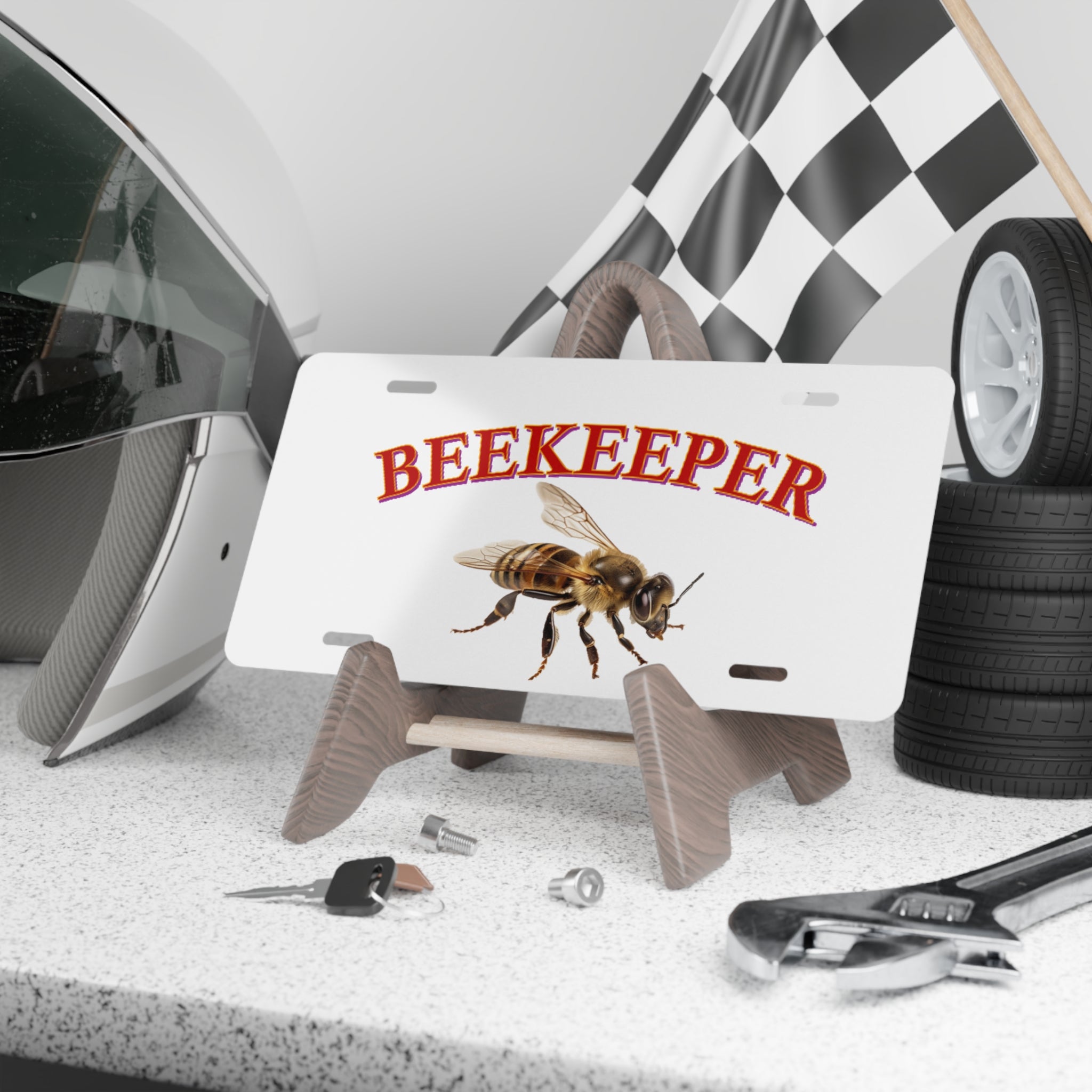 Beekeeper Vanity License Plate — Decorative Aluminum Front Plate with Bee Graphic