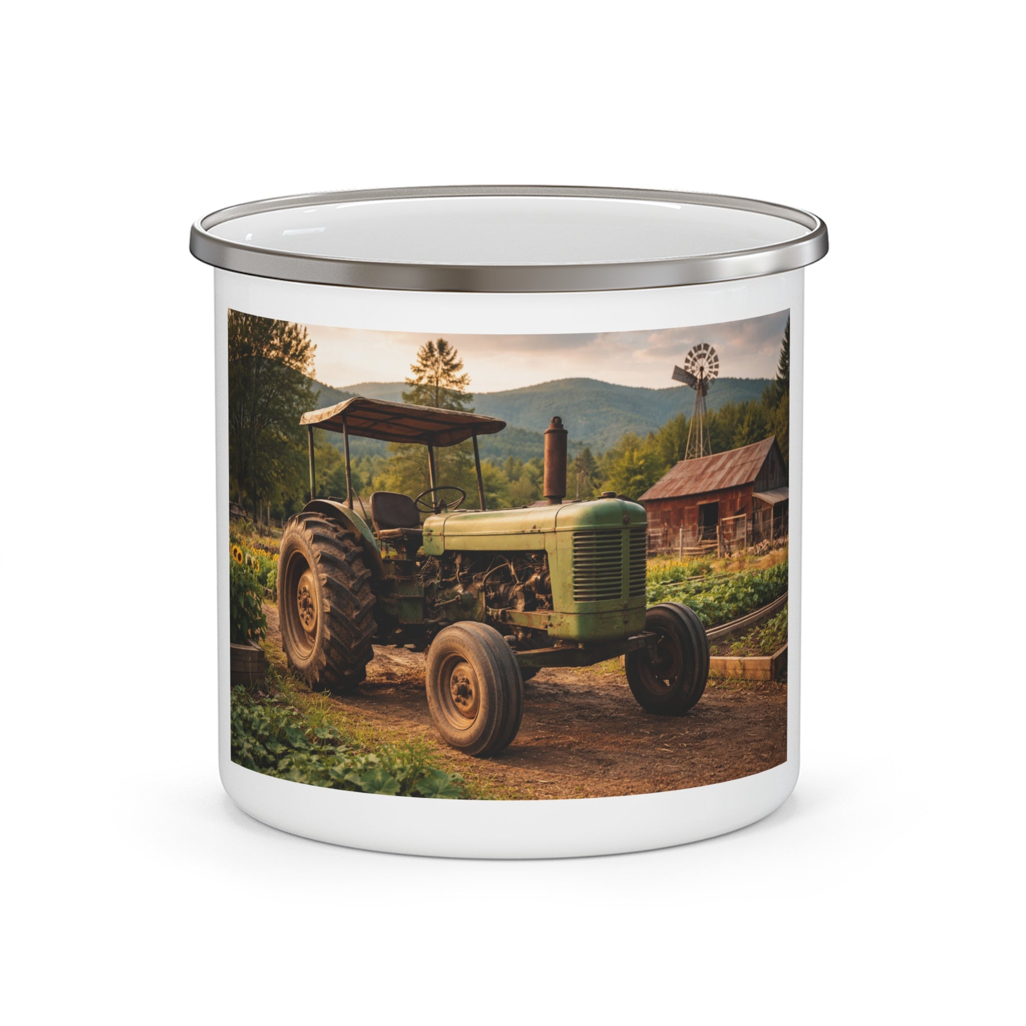 Rustic Tractor Enamel Camping Mug — Vintage Farmhouse Coffee Cup