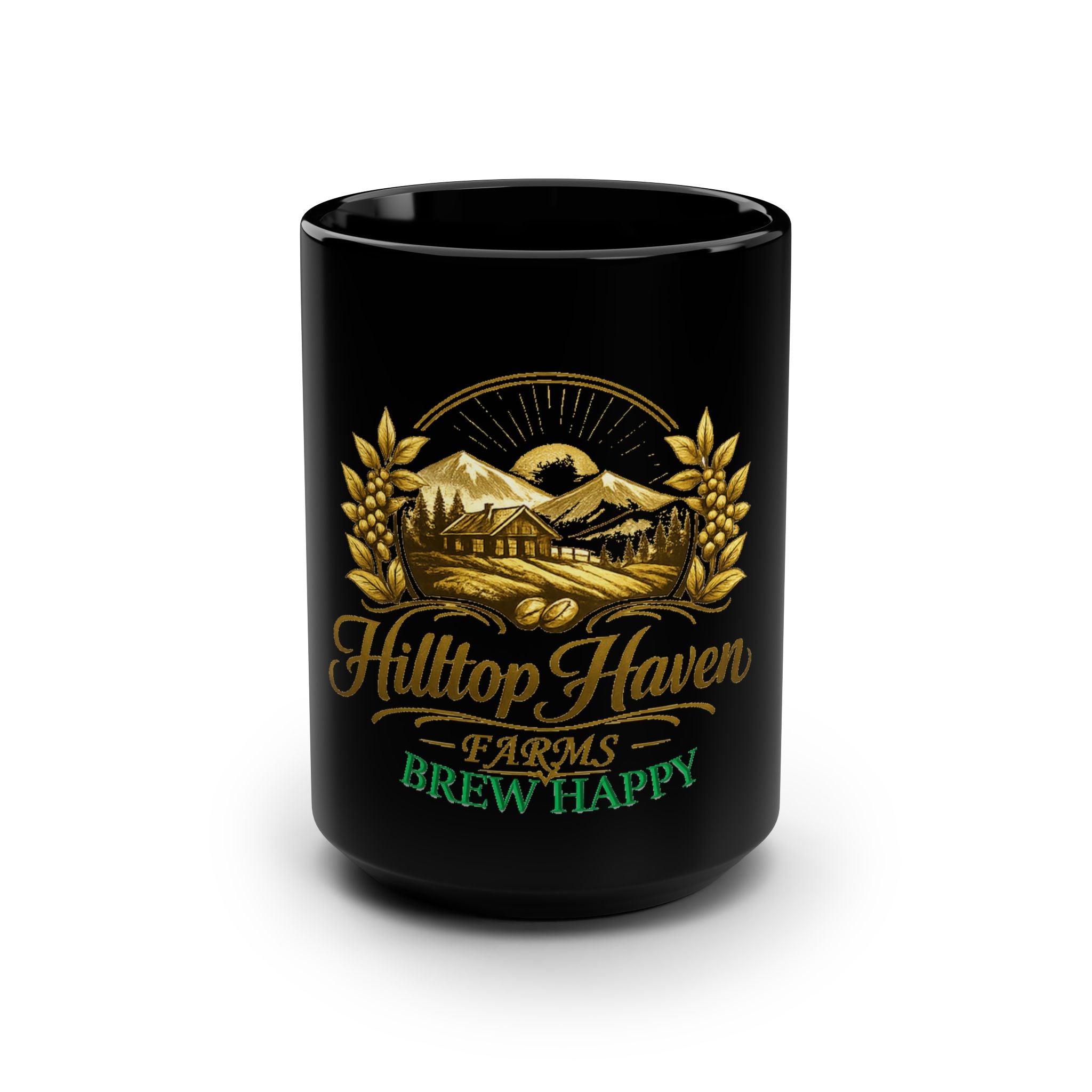 Hilltop Haven Farms 15oz Black Mug – "Brew Happy" Rustic Farmhouse Coffee Cup