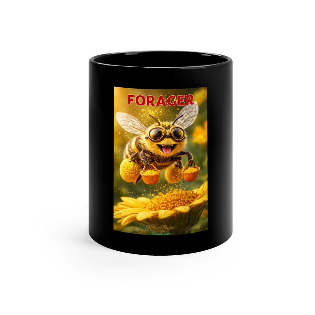 Forager Bee Black Coffee Mug – Cute Bee with Pollen Basket, 11oz