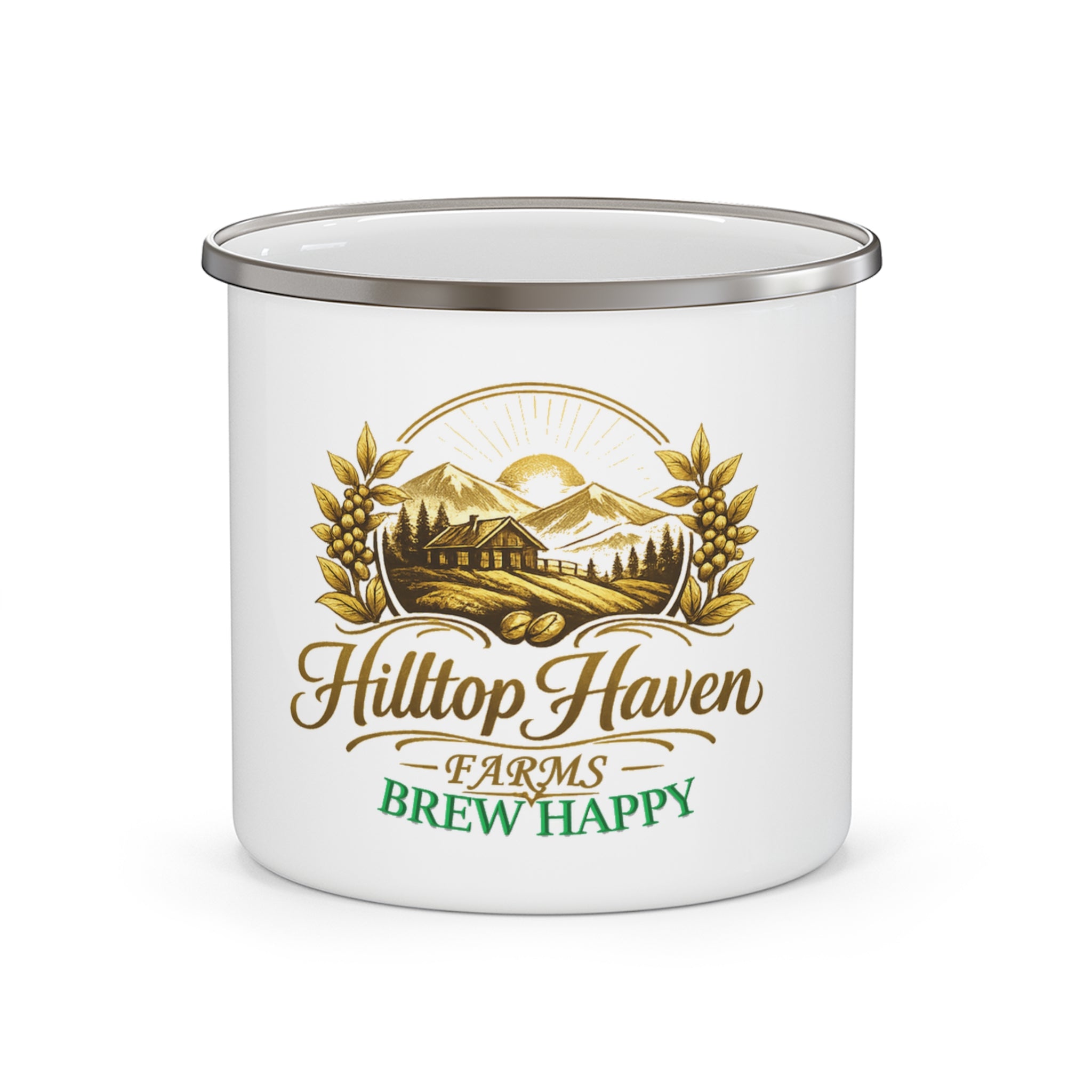 Hilltop Haven Farms “Brew Happy” Rustic Coffee Cup - Enamel Camping Mug