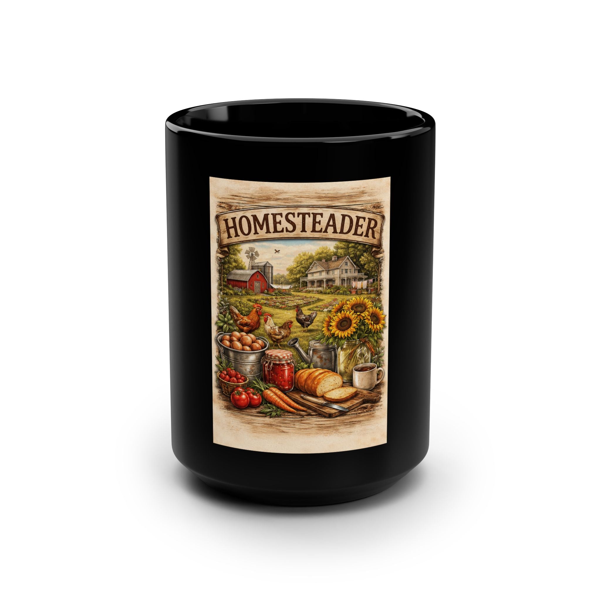 Homesteader Farmhouse Black Coffee Mug — 15oz Rustic Sunflower & Harvest Design