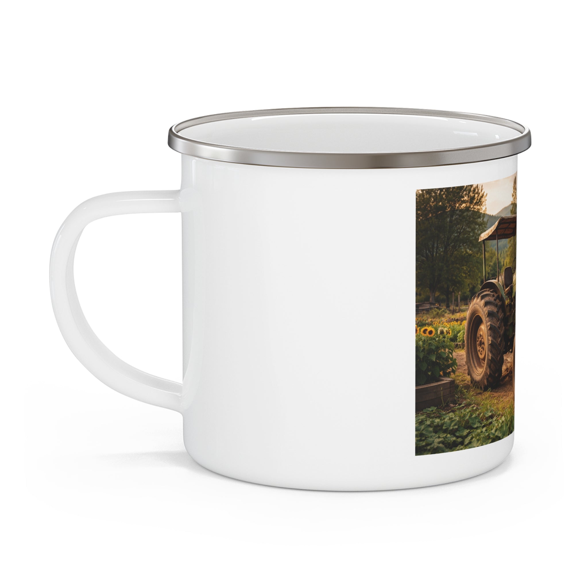 Rustic Tractor Enamel Camping Mug — Vintage Farmhouse Coffee Cup