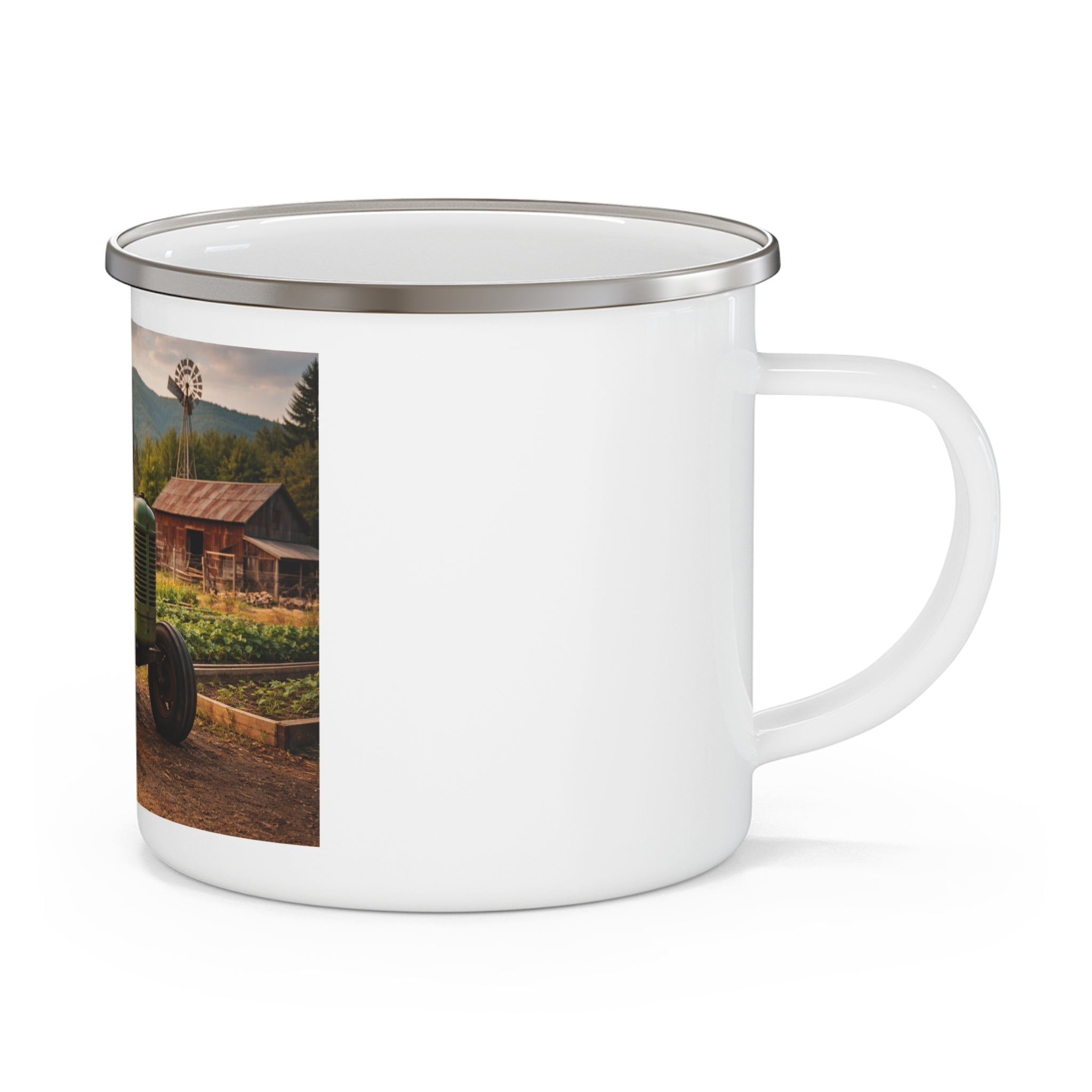 Rustic Tractor Enamel Camping Mug — Vintage Farmhouse Coffee Cup